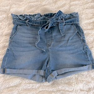 High Waist Paper Bag Shorts- Denim